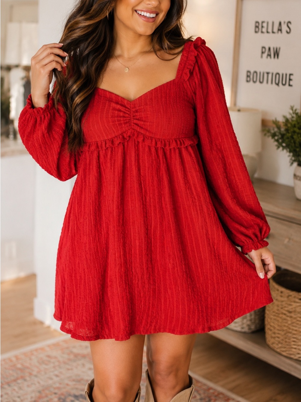 Red Long-Sleeve Mini Babydoll Dress